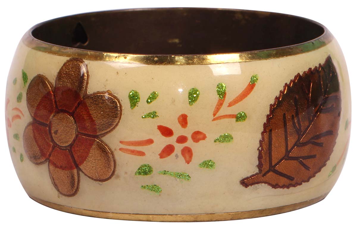 Round Broad Bangle - Floral & Leafy Motifs - Multicolored Exteriors - Dull Golden Finish Interiors - Handmade in Brass & Iron - Fashion Accessories - Unique Metal Jewelry - Buy in Bulk Wholesale